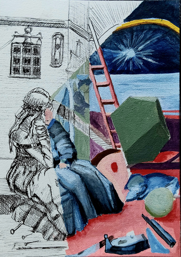 a drawing of a person sitting on the floor next to a ladder